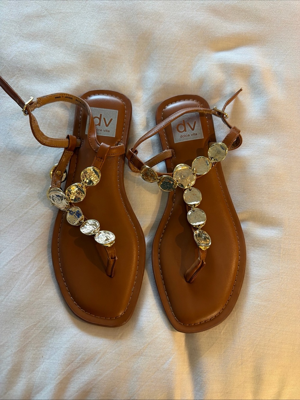 DV by Dolce Vita Brown T-Strap Sandals with Gold-Tone Discs